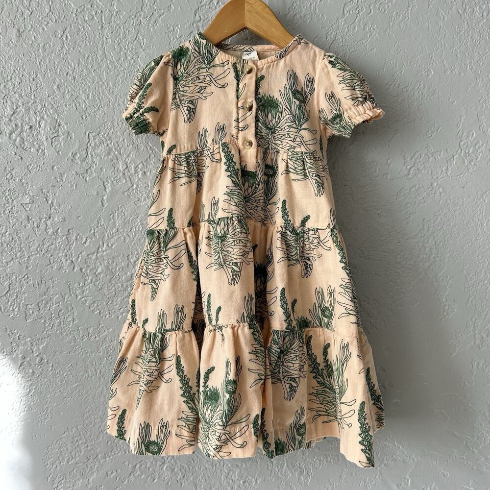 Kate Quinn Girls Prairie Dress 12-18 Short Sleeve Green Proteas Cotton Gauze